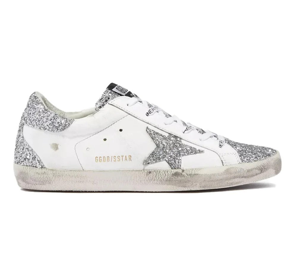 Golden Goose Women’s Super-Star (White Leather / Silver Glitter Details)