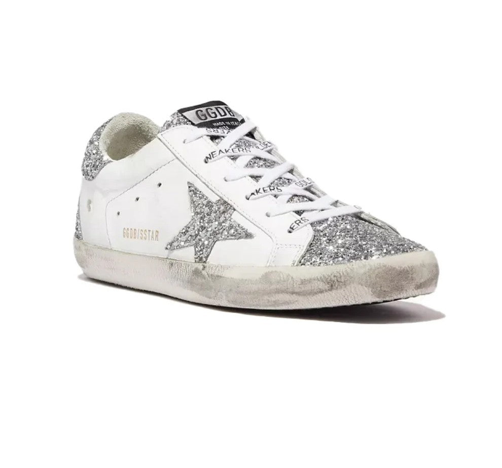 Golden Goose Women’s Super-Star (White Leather / Silver Glitter Details)