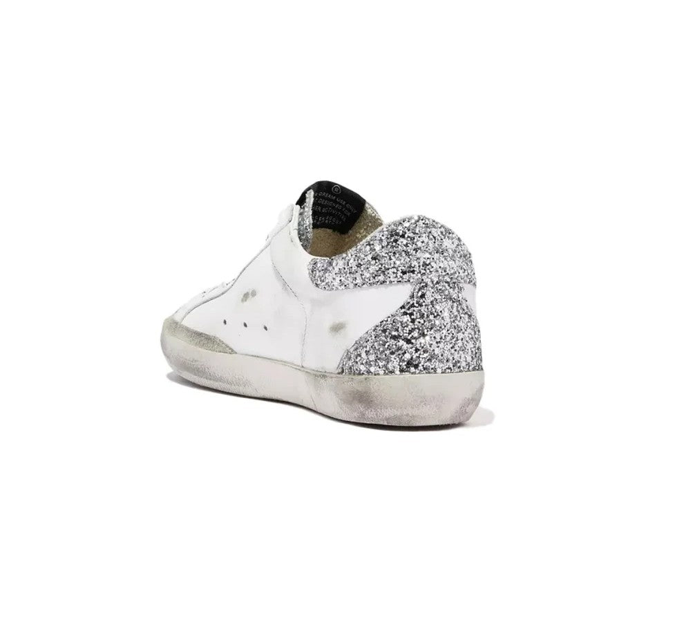 Golden Goose Women’s Super-Star (White Leather / Silver Glitter Details)